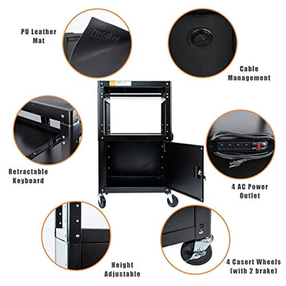 Metateel Steel Large AV Cart with Extra Storage - Adjustable Height Cart with Locking Cabinet, Pullout Tray, Power Strip, and Cord Management - Holds - WoodArtSupply