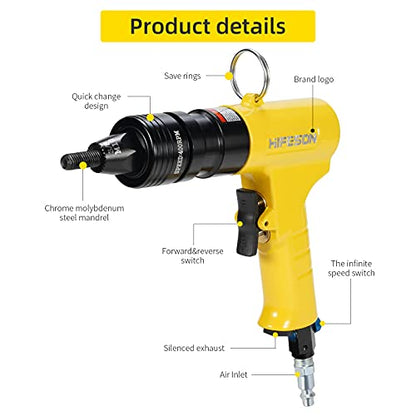 HIFESON Pneumatic Rivet Nut Gun with 1/4 & 5/16 & 3/8 Self-Locking Head Gun,Quick-Change Mandrels,Industrial Grade Adjustable Speed Air Rivnut Gun - WoodArtSupply