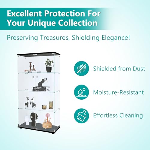 Dolonm Glass Display Cabinet 4 Shelves with 2 Doors, 5mm Tempered Glass Curio Cabinet, Floor Standing Curio Bookshelf, Glass Display Case for Living Dolonm