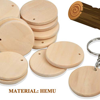 BUYGOO 100Pcs Blank Round-Shaped Wooden Keychain Set, 1.5 inch Unfinished Discs Wooden Circles with 100Pcs Key Rings Personalized Wood Keychain Key