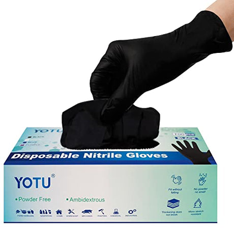 YOTU Black Disposable Nitrile Latex & Powder Free 6-Mil Gloves 100 Count, Textured, Mechanic Wearing, Cleaning, Food Black Medium YOTU