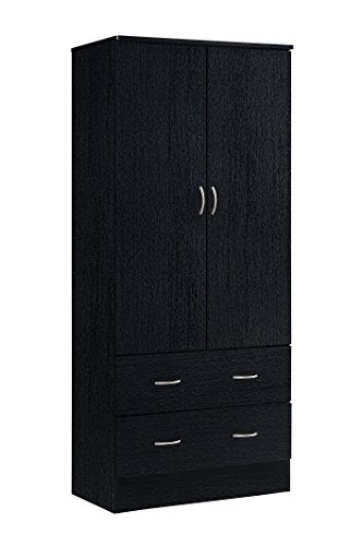 HODEDAH 2 Door Wood Wardrobe Bedroom Closet with Clothing Rod inside Cabinet and 2 Drawers for Storage, Black Hodedah