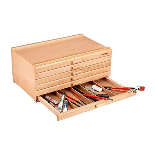 KINGART 723N Wood 6-Drawer Artist SUPPLY STORAGE BOX, 15-3/4” W x 10” D x 6-1/2” H, Natural Finish, Storage for Art Materials including Paint Tubes, KINGART