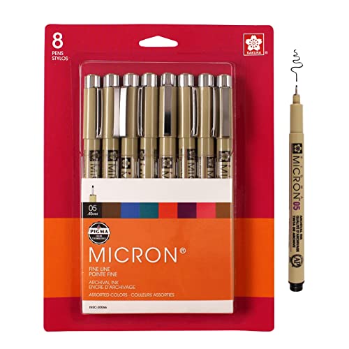 SAKURA Pigma Micron Fineliner Pens - Archival Black, Colored Ink Pens for Writing, Drawing, Journaling - 05 Point Size - 8 Pack - WoodArtSupply