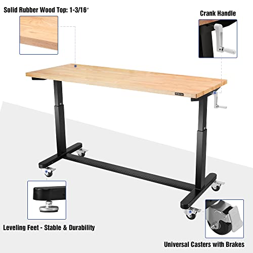 WORKPRO 60” Height Adjustable Work Table with Crank Handle and Casters, 60” x 24” Wooden Top Standing Desk Workbench, Heights from 29”-38”, 500 Lbs WORKPRO