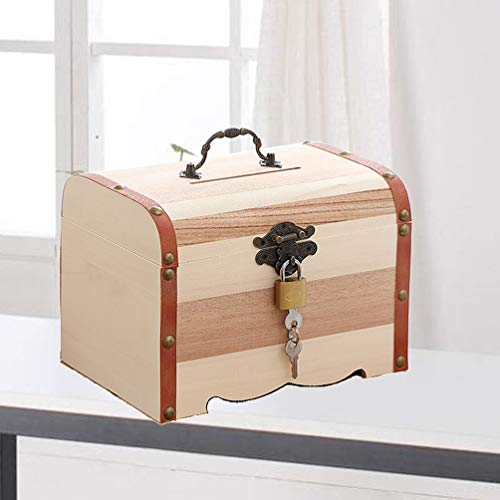 NUOBESTY Wood Treasure Chest Money Saving Jar Chest Piggy Bank Money Safe for Cash Saving Wooden Jewelry Organiser Vintage Luggage Wooden Bank NUOBESTY