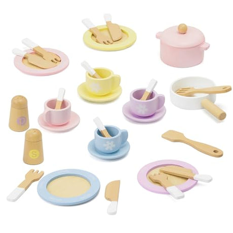 Frogprin 30 PCS Wooden Toy Plates and Dishes for Kids, Play Kitchen Accessories Set, Pretend Play Food Sets for Children Kitchen, Montessori Toys for Frogprin