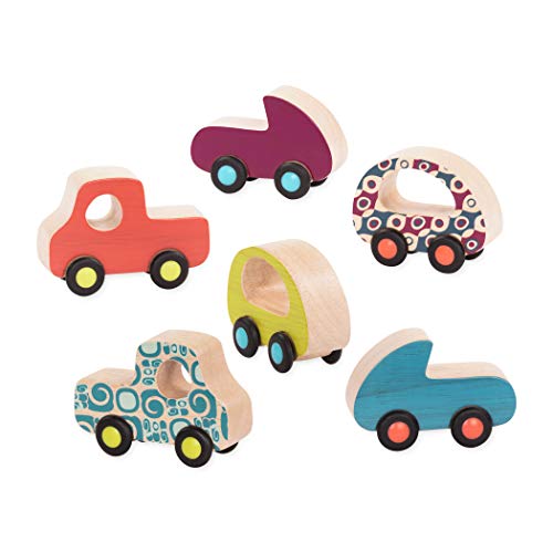 B. toys- 6 Little Wooden Toy Cars- Free Wheee-Lees- Vehicles- Colorful Car Play Set for Toddlers, Kids- 1 Year + B. toys