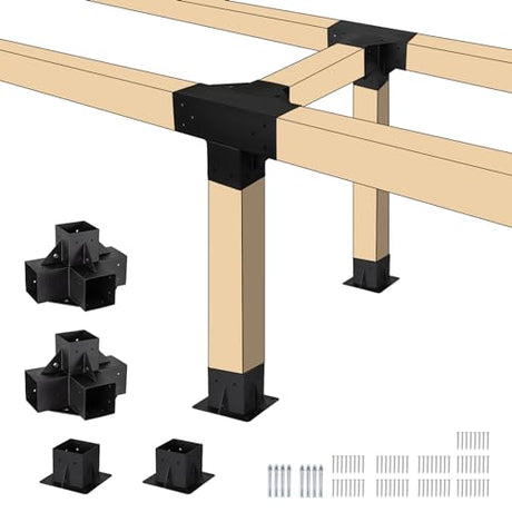 Neorexon Pergola Bracket Kit Elevated Wood Stand Kit Woodwork for 4"x 4" (Actual 3.6 X 3.6 inch), Solid Steel Wooden Gazebo Kit for Outdoor 4 Way Neorexon