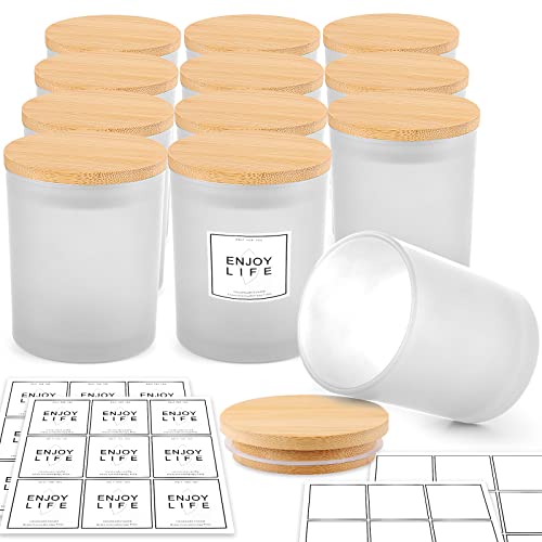 GOTIDEAL 12 Pack 9 OZ Frosted White Candle Jars with Bamboo Lids for Making Candles Supplies, Bulk Empty Candle Containers Tins Small Glass Jars for GOTIDEAL