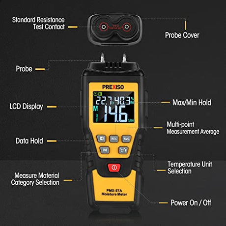 PREXISO Wood Moisture Meter - 7 in 1Digital Moisture Meter for Firewood, Woodworking, Walls, Home, Drywall, Paper, Floor - Moisture Reader, Pin-Type Prexiso