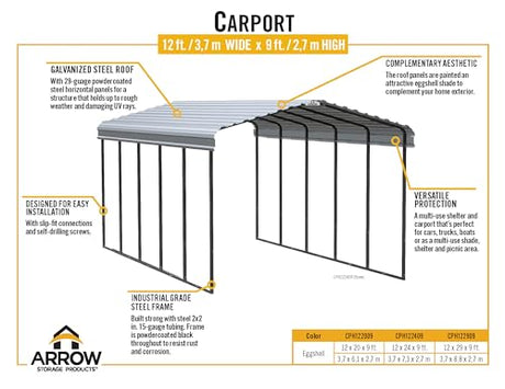Arrow Carports Galvanized Steel Carport, Full-Size Metal Carport Kit, 12' x 20' x 9', Eggshell Arrow