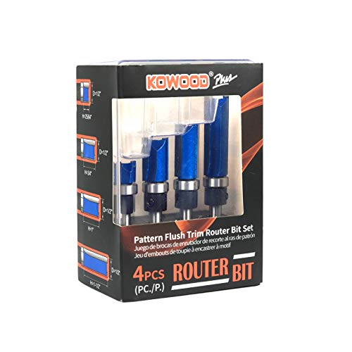 KOWOOD Plus Pattern Flush Trim Router Bit Set, 1/4 Inch Shank, Top Bearing Flush Trim Bit Kit. Cutting Height in 25/64”, 3/4”, 1”, 1-1/2”. With KOWOOD