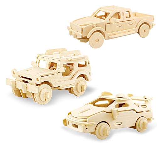 Georgie Porgy 3D Wooden Puzzles for Kids Toys Construction Woodcraft Kits DIY Model Puzzle Kits Birthday Gifts Pack of 3 (Sports Cars Off-Road Georgie Porgy