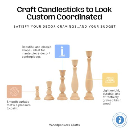 Classic Wooden Candlesticks 4 inches with 7/8 inch Hole, Set of 4 Unfinished Small Wooden Candle Holders to Craft, Paint or Decorate, by Woodpeckers