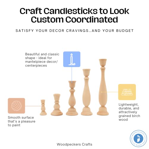 Classic Wooden Candlestick 6-3/4 inches with 7/8 inch Hole, Set of 4 Unfinished Wood Holder for Taper Candle, Ready to Craft, by Woodpeckers Woodpeckers