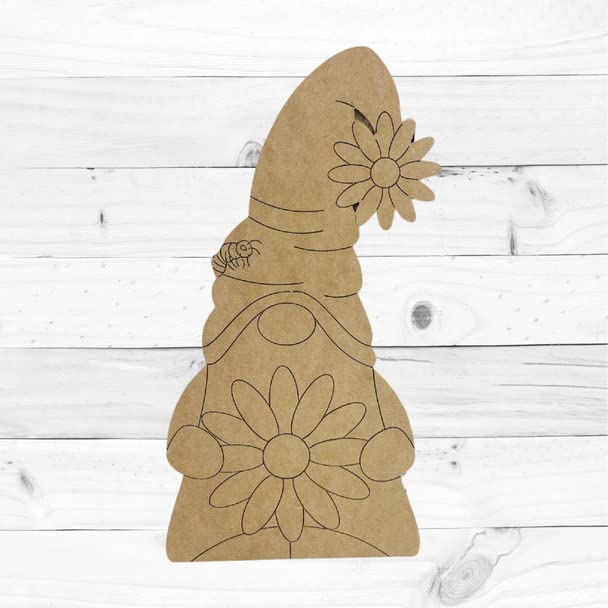 Gnome with Daisy Unfinished Wooden Craft, Engraved Unfinished Wood Cutout, Paint by Line Build-A-Cross Build-A-Cross