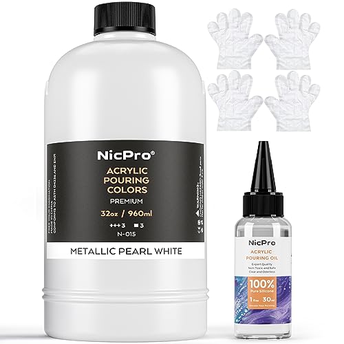Nicpro White Metallic Pearl Color Acrylic Pour Paint, 32 Ounce Pre-Mixed Pouring Paint Supplies with Silicone Pour Oil, Gloves for Canvas, Rock, Wood Nicpro