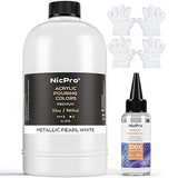 Nicpro White Metallic Pearl Color Acrylic Pour Paint, 32 Ounce Pre-Mixed Pouring Paint Supplies with Silicone Pour Oil, Gloves for Canvas, Rock, Wood Nicpro