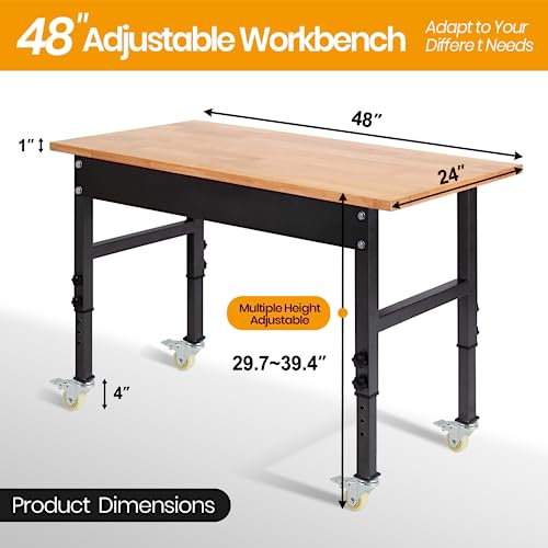 48" Adjustable Work Bench, Rubber Wood Top Heavy-Duty Workbench with Wheels, 2000 LBS Load Capacity Hardwood Worktable, for Garage, Workshop, Home, Polar Aurora