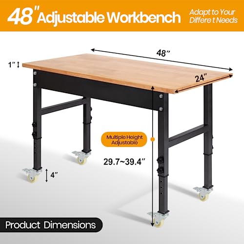 48" Adjustable Work Bench, Rubber Wood Top Heavy-Duty Workbench with Wheels, 2000 LBS Load Capacity Hardwood Worktable, for Garage, Workshop, Home, - WoodArtSupply