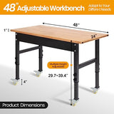 48" Adjustable Work Bench, Rubber Wood Top Heavy-Duty Workbench with Wheels, 2000 LBS Load Capacity Hardwood Worktable, for Garage, Workshop, Home, Polar Aurora