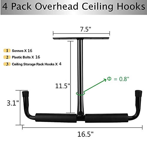 Overhead Garage Storage Hooks Rack Ceiling Mounted, Heavy Duty Utility Hooks Ladder Hangers for Pipe, Lumber, Fishing Rod and Ski Board | 4 Pack HOSKO
