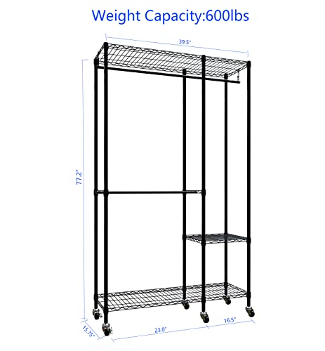 Serxis Portable Closets Heavy Duty Garment Rack Adjustable Rolling Clothes Rack with Lockable Wheels, Metal Wire Clothing Rack,Freestanding Open - WoodArtSupply