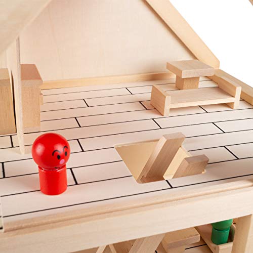 Dollhouse for Kids – Classic Pretend Play 2 Story Wood Playset with Furniture Accessories and Dolls for Toddlers, Boys and Girls by Hey! Play!,Brown Hey! Play!