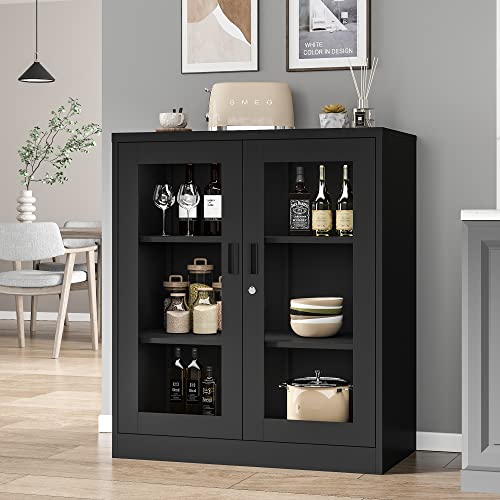 AFAIF Metal Storage Cabinet, Glass Cabinet Sideboard, Bookcase with Glass Doors, Curio Cabinet with 2 Adjustable Shelves, Lockable Metal Display AFAIF