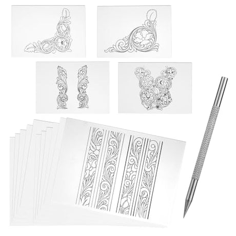 QMNNMA Leather Scriber Pen, Pointy Stainless Steel Picker Pen with Leather Carving Pattern Description Paper for DIY Crafts, Leather Line Description QMNNMA