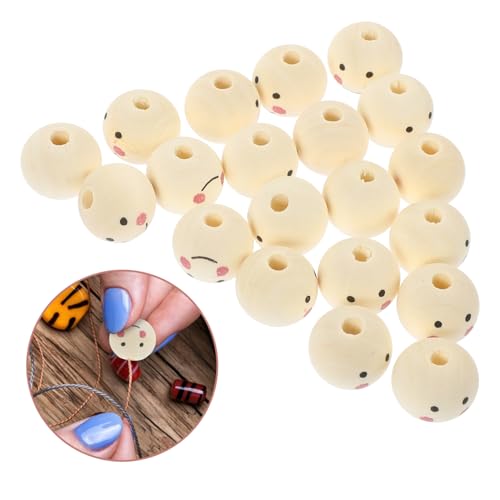 KALLORY 20pcs Doll Wooden Beads Wood Round Beads Wooden Balls Unfinished Wood Beads Jewelry Making Beads Smiling Face Bead Jewels Wooden Beads for KALLORY