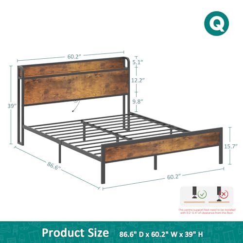 Kikihuose Queen Size Bed Frame, Storage Headboard with Charging Station, Metal Wooden Platform, Noise Free, No Box Spring Needed, 10.2'' Under-Bed