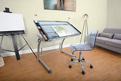 SD STUDIO DESIGNS Triflex Drawing Table, Sit to Stand Up Adjustable Office Home Computer Desk, 35.25" W X 23.5" D, Silver/Blue Glass - WoodArtSupply