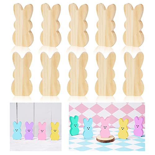 Whaline 10Pcs Easter Pine Wooden Bunny Cutouts Unfinished Pine Wood Bunny Shaped DIY Tiered Tray Decor Bunny Table Sign with Hemp Rope for Easter