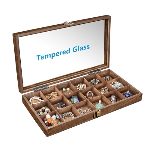 MOOCA Wooden Display Storage Case with Tempered Glass Lid for Jewelry and Beads with 18 Compartments Tray, 15 W x 8 3/8 L x 2 1/8 H in, Brown Color MOOCA