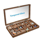 MOOCA Wooden Display Storage Case with Tempered Glass Lid for Jewelry and Beads with 18 Compartments Tray, 15 W x 8 3/8 L x 2 1/8 H in, Brown Color MOOCA