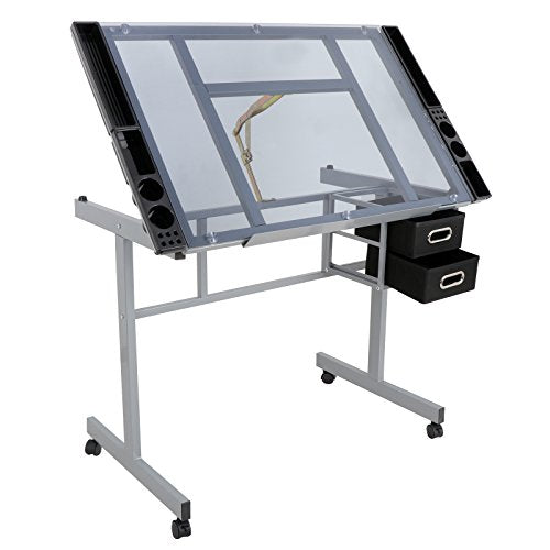 JupiterForce Adjustable Drafting Table Art Desk Drawing Table Versatile Art Craft Work Station Glass Tabletop w/2 Slide Drawers and Wheels for JupiterForce