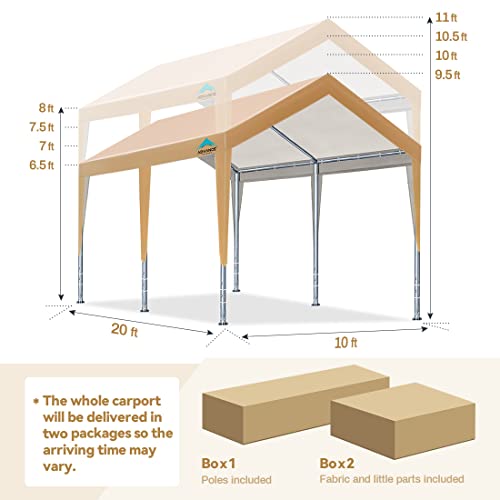 ADVANCE OUTDOOR 10x20 ft Steel Carport with Adjustable Height from 9.5 to 11 ft, Heavy Duty Car Canopy Garage Party Tent Boat Shelter Portable, Beige - WoodArtSupply