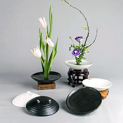 Japanese Ikebana Vase Kit, 2Pcs Ceramic Flower Pot Flower Shallow Container Vase with 2Pcs 1.57inch/40mm Flower Frog and 2-in-1 Flower Frog Needle Eggone