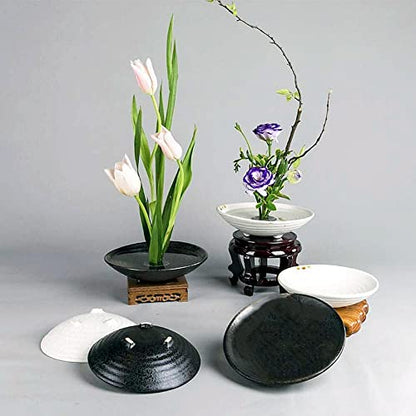 Japanese Ikebana Vase Kit, 2Pcs Ceramic Flower Pot Flower Shallow Container Vase with 2Pcs 1.57inch/40mm Flower Frog and 2-in-1 Flower Frog Needle - WoodArtSupply