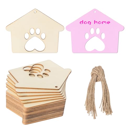 Dog Paw House Wooden Cat Paw Wood Unfinished The House Shape Wooden Tag Hanging Wood Cutout Blank Wood Slices Wooden Gift Tags with Twine for
