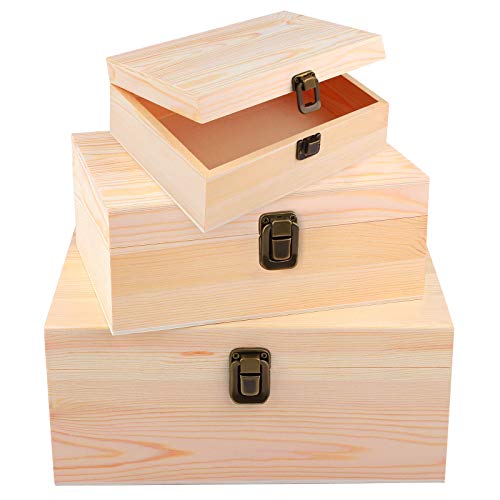 ADXCO 3 Pack Unfinished Wood Treasure Chest Decorative Wooden Box Pine Wood Box with Locking Clasp for Crafts, Art, Hobbies, Projects, Jewelry Box