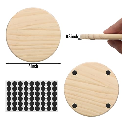 24 PCS Unfinished Round Wood Coasters, SIJDIEE 4 Inch Blank Wooden Craft Coasters with Non-Slip Foam Pad Stickers for DIY Stained Painting Wood - WoodArtSupply