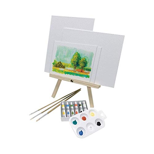 KINGART Artist Painting Set with 6 Vivid Acrylic Paint Colors, 12" Easel, 4 Canvas Panels, 3 Brushes, Painting Palette - School, Students, Beginners KINGART