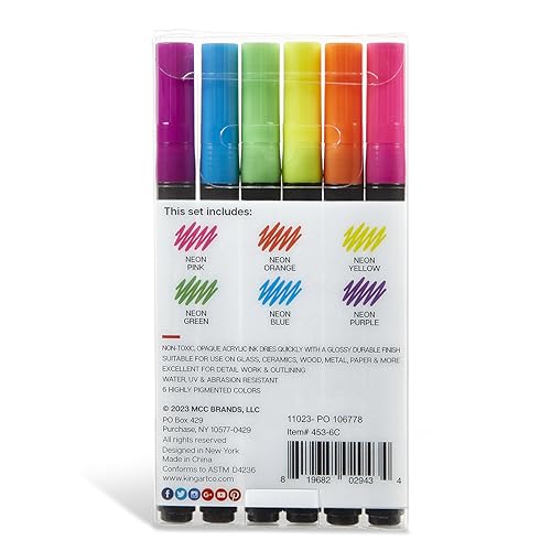 KINGART 453-6C PRO Neon 6 Ct. Extra Fine Paint Pens, 0.7mm Tip, 6 Fluorescent Acrylic Paint Markers, Low-Odor Water-Based Quick Dry Paint Markers for KINGART