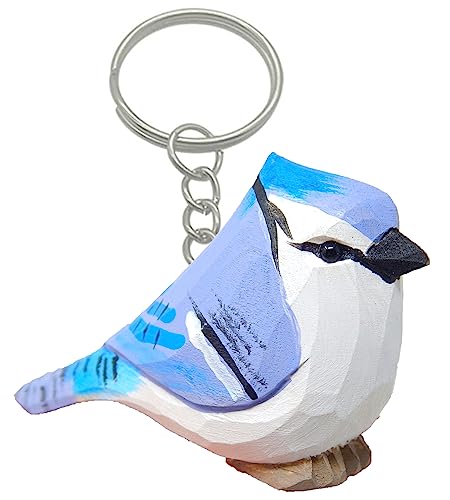 Selsela Blue Jay Keychain Ring Hook Clip Crested Jaybird Bird Charm Miniature Wood Mini Figurine Small Animal Selsela