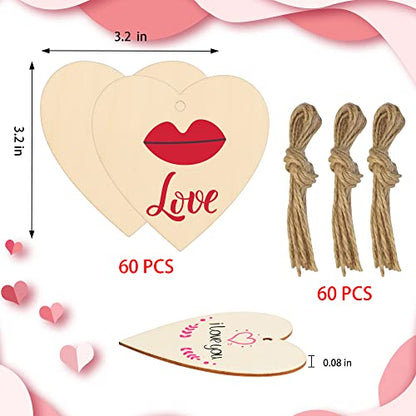 Lucleag 60 Pieces Valentines Wooden Heart Slices, Unfinished Wooden Heart for Crafts, Predrilled DIY Wooden Heart Cutouts with Natural Twine for