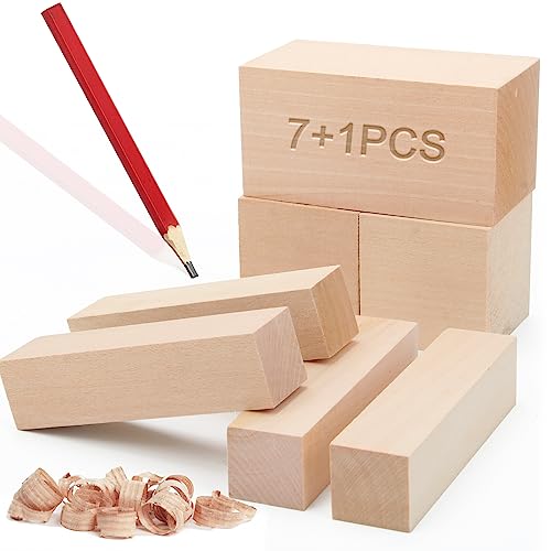 7+1 Pcs Basswood Carving Blocks with Pencil, Boyistar 3 Sizes Whittling Wood Blocks for Craft Carving Wooden Blocks, Small Carved Bass Wood Block Kit