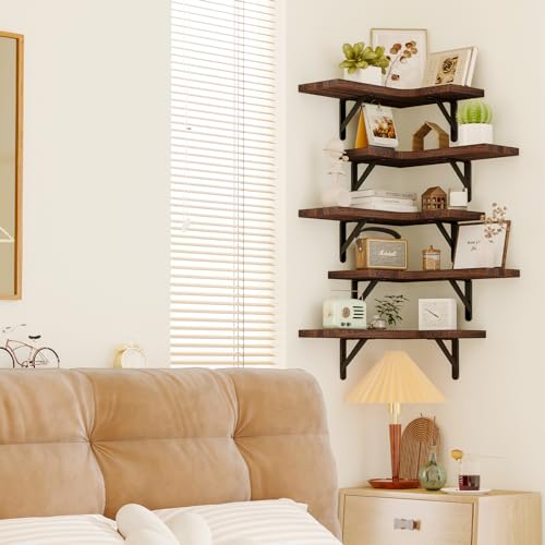Fixwal Corner Floating Shelves Set of 5, Wall Mounted Corner Shelf, Rustic Wood Wall Shelves for Bathroom, Kitchen, Bedroom, Home Decor, Laundry Fixwal